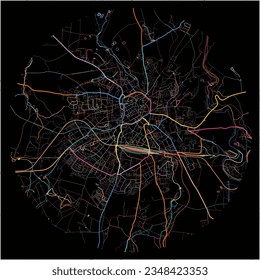 Mapa de Freiberg, Sajonia con todas las carreteras principales y menores, ferrocarriles y vías fluviales. Coloridas líneas de arte sobre fondo negro.