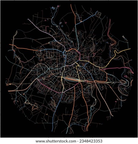 Map of Freiberg, Saxony with all major and minor roads, railways and waterways. Colorful line art on black background.