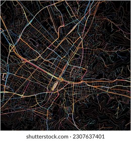 Map of FreiburgimBreisgau, Baden-Wuerttemberg with all major and minor roads, railways and waterways. Colorful line art on black background.