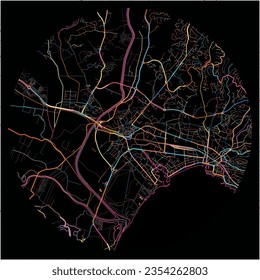Map of Frejus, Var with all major and minor roads, railways and waterways. Colorful line art on black background.