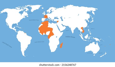 Map of The French Empire 1919 to 1939 the most largest borders with all world and all sea, ocean names