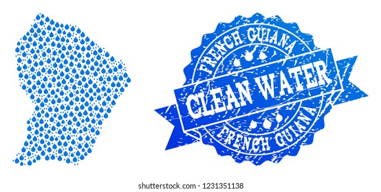 Map of French Guiana vector mosaic and clean water grunge stamp. Map of French Guiana designed with blue aqua tears. Seal with grunge rubber texture for clear drinking water.