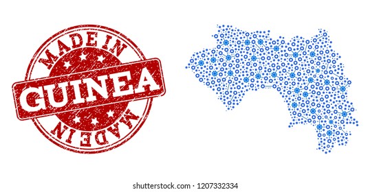 Map of French Guinea vector mosaic and Made In grunge stamp. Map of French Guinea composed with blue wheel relations. Made in red seal with grunge rubber texture.