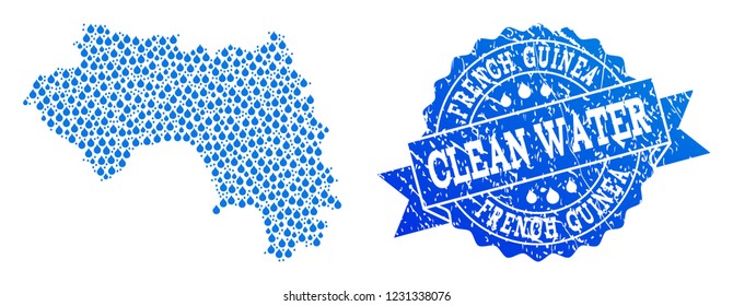Map of French Guinea vector mosaic and clean water grunge stamp. Map of French Guinea composed with blue aqua dews. Seal with grunge rubber texture for clean drinking water.