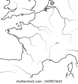 Map of The FRENCH Lands: 
France & its regions (Île-de-France, Champagne, Normandie, Bretagne, Aquitaine, Occitanie, Provence, Burgundy, Lorraine, Elsass). Geographic chart with coastline and rivers.