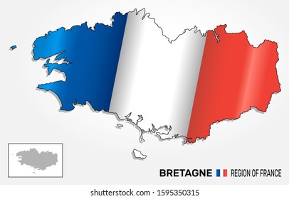 Map of the french region Brittany combined with waving french national flag - Vector