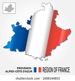 Map of the french region Provence-Alpes-Cote d'Azur combined with waving french national flag - Vector