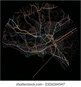 Map of Friedrichshafen, Baden-Wuerttemberg with all major and minor roads, railways and waterways. Colorful line art on black background.