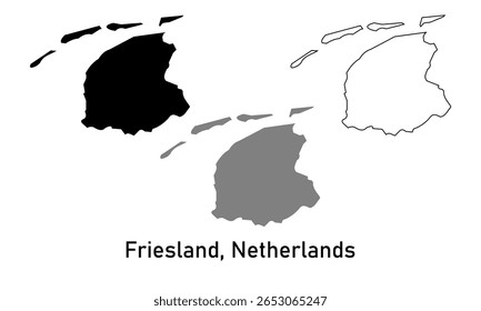 Mapa da Frísia, província dos Países Baixos sobre um fundo branco. Mapear em vários estilos de contorno, preto e cinza