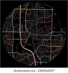 Map of Frisco, Texas with all major and minor roads, railways and waterways. Colorful line art on black background.