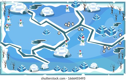 Map Frozen Snow Freeze Landscape Theme with Cracks, Penguins, snow house, snowman and ice blocks for Vector Illustration Design Ideas