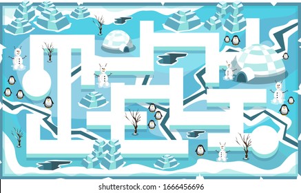 Mapa del tema de la congelación de nieve con senderos y pingüinos, nieve, muñecos de nieve y bloques de hielo para la ilustración del vector de plataforma de juegos 2D 