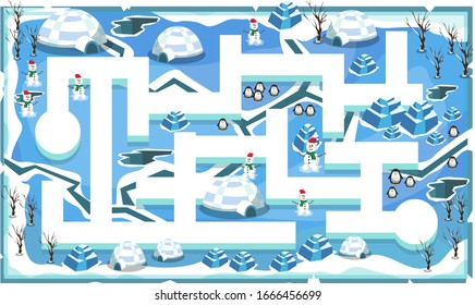 Map Frozen Snow Freeze Theme with Path and Cracks, Penguins, snow house, snowman and ice blocks for 2D Game Platformer Vector Illustration