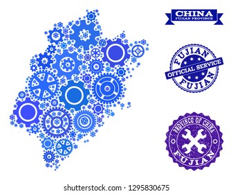 Map of Fujian Province designed with blue cog symbols, and isolated scratched seals for official repair services.