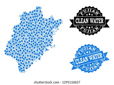 Map of Fujian Province vector mosaic and clean water grunge stamp. Map of Fujian Province designed with blue aqua tears. Seal with grunge rubber texture for clean drinking water.