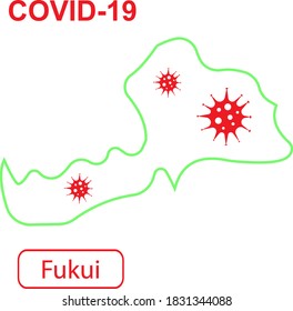Map of Fukui labeled "COVID-19". Green outline map on a white background. Vector illustration of a virus, coronavirus, epidemiology.