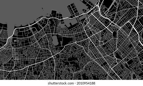 Map of Fukuoka city, Japan. Horizontal background map poster black and white land, streets and rivers. 1920 1080 proportions. Royalty free grayscale graphic vector illustration.