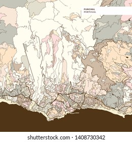 Map of Funchal Portugal, art map print template. Brown colored version for Apps, Print or web backgrounds