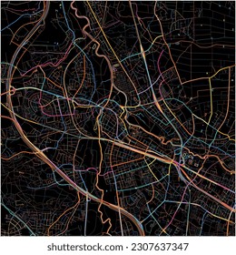 Map of Furth, Bavaria with all major and minor roads, railways and waterways. Colorful line art on black background.