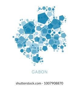 map of Gabon filled with abstract mosaic of pentagons of different sizes and degrees of transparency with name of the country on white background
