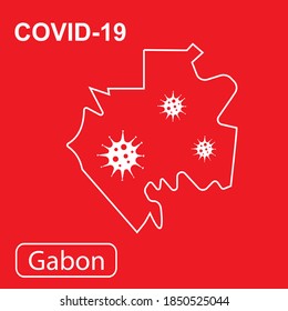 Map of Gabon labeled "COVID-19". White outline map on a red background. Vector illustration of a virus, coronavirus, epidemiology.