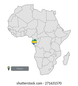 Map of Gabon with an official flag. Location on the continent of Africa
