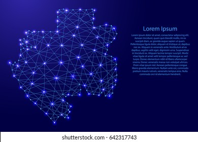Map of Gabon from polygonal blue lines and glowing stars vector illustration
