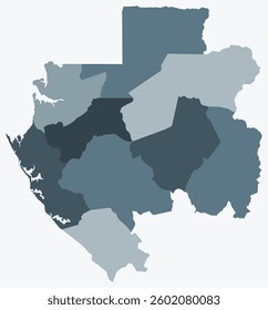 Map of Gabon with regions. Just a simple country border map with region division. Blue grey color palette. Blank Gabon shape with administrative division. Vector illustration.