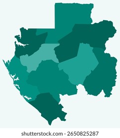 Map of Gabon with regions. Just a simple country border map with region division. Teal color palette. Plain Gabon shape with administrative division. Vector illustration.