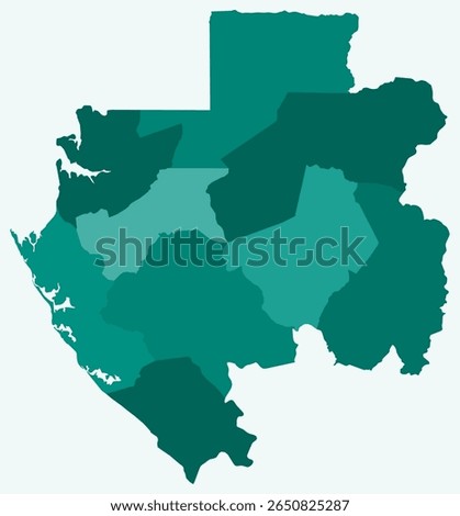 Map of Gabon with regions. Just a simple country border map with region division. Teal color palette. Plain Gabon shape with administrative division. Vector illustration.