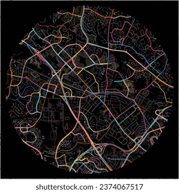 Map of Gaithersburg, Maryland with all major and minor roads, railways and waterways. Colorful line art on black background.