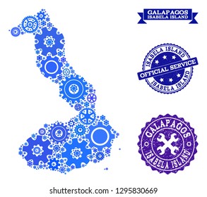 Map of Galapagos - Isabela Island created with blue engine items, and isolated rubber seals for official repair services.