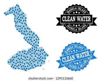 Map of Galapagos - Isabela Island vector mosaic and clean water grunge stamp. Map of Galapagos - Isabela Island formed with blue liquid raindrops.
