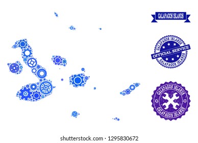 Map of Galapagos Islands created with blue engine symbols, and isolated scratched stamps for official repair services.