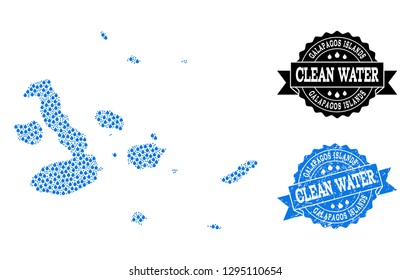 Map of Galapagos Islands vector mosaic and clean water grunge stamp. Map of Galapagos Islands designed with blue aqua tears. Seal with grunge rubber texture for natural drinking water.