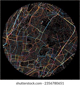 Map of Galatsi, Attica with all major and minor roads, railways and waterways. Colorful line art on black background.
