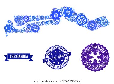 Map of the Gambia designed with blue cog symbols, and isolated grunge watermarks for official repair services. Vector abstract collage of map of the Gambia with job symbols in blue color tones.