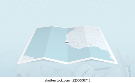 Map of Gambia with the flag of Gambia in the contour of the map on a trip abstract backdrop. Travel illustration.