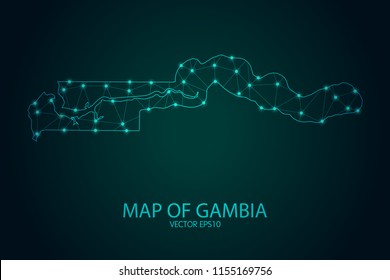 Map of Gambia - With glowing point and lines scales on The Dark Gradient Background, 3D mesh polygonal network connections. Vector illustration eps10.