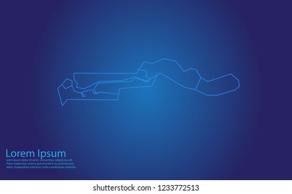 Map of gambia - With glowing point and lines scales on the dark gradient background.french Polynesia map with country borders, thin Blue outline on Dark background.