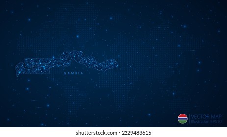 Map of The Gambia modern design with polygonal shapes on dark blue background. Business wireframe mesh spheres from flying debris. Blue structure style vector illustration concept.