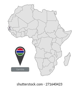 Map of Gambia with an official flag. Location on the continent of Africa