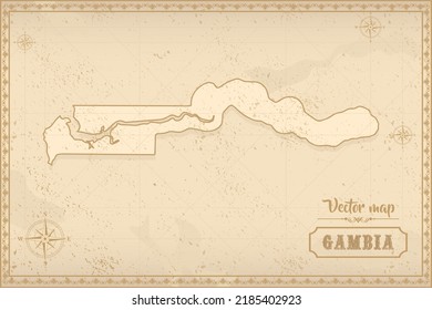Mapa de Gambia en el viejo estilo, gráficos marrones en estilo retro de fantasía