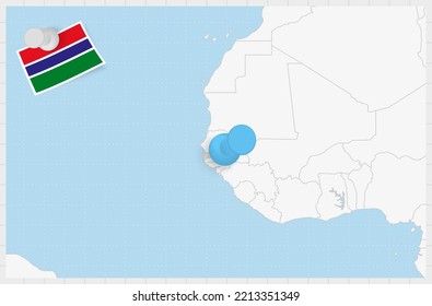 Map of Gambia with a pinned blue pin. Pinned flag of Gambia, vector illustration.