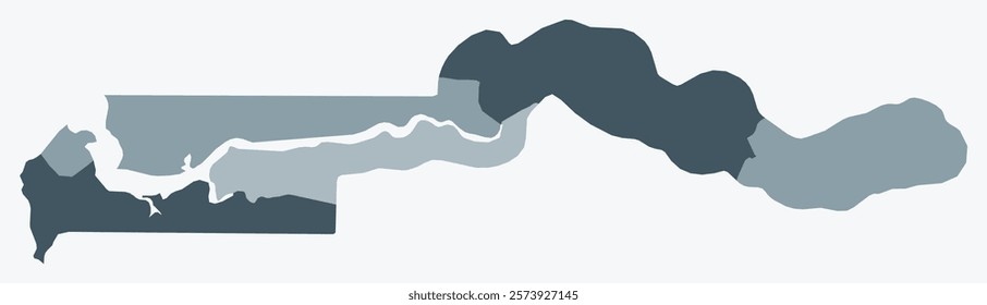 Map of Gambia with regions. Just a simple country border map with region division. Blue grey color palette. Flat Gambia shape with administrative division. Vector illustration.