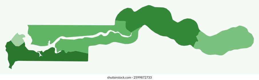 Map of Gambia with regions. Just a simple country border map with region division. Green color palette. Blank Gambia shape with administrative division. Vector illustration.