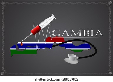 Map of  Gambia with Stethoscope and syringe.