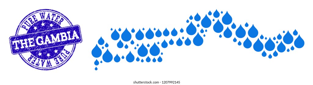 Map of the Gambia vector mosaic and Pure Water grunge stamp. Map of the Gambia created with blue aqua dews. Seal with grunge rubber texture for natural drinking water.