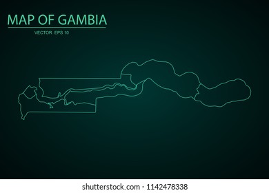 Map of Gambia,Green map on dark background of map of Gambia symbol for your web site design map. Vector illustration eps 10.