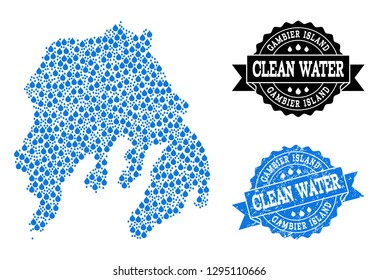 Map of Gambier Island vector mosaic and clean water grunge stamp. Map of Gambier Island designed with blue water raindrops. Seal with grunge rubber texture for natural drinking water.